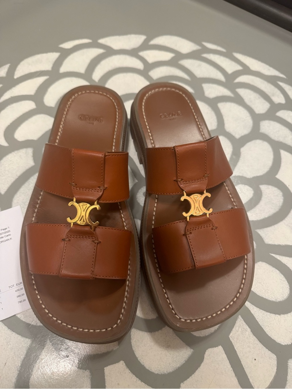Celine Double Strap Mule 40 Cognac Leather Slide Sandals with Gold Accent sz 38